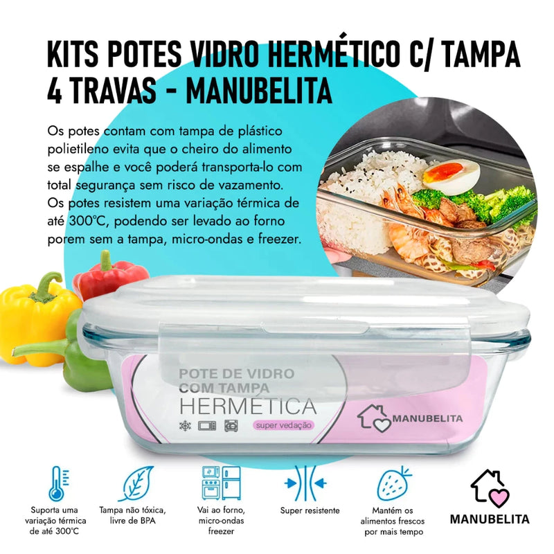 Kit 10 Potes de Vidro 640ml Hermético Marmita Fit com Tampa 4 Travas Minha loja 