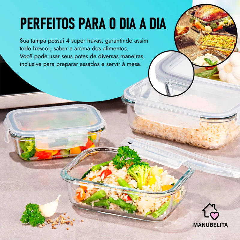 Kit 10 Potes de Vidro 640ml Hermético Marmita Fit com Tampa 4 Travas Minha loja 