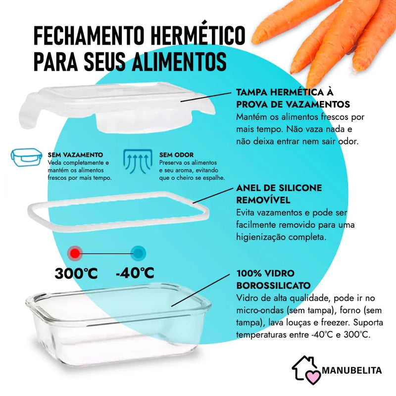 Kit 10 Potes de Vidro 640ml Hermético Marmita Fit com Tampa 4 Travas Minha loja 