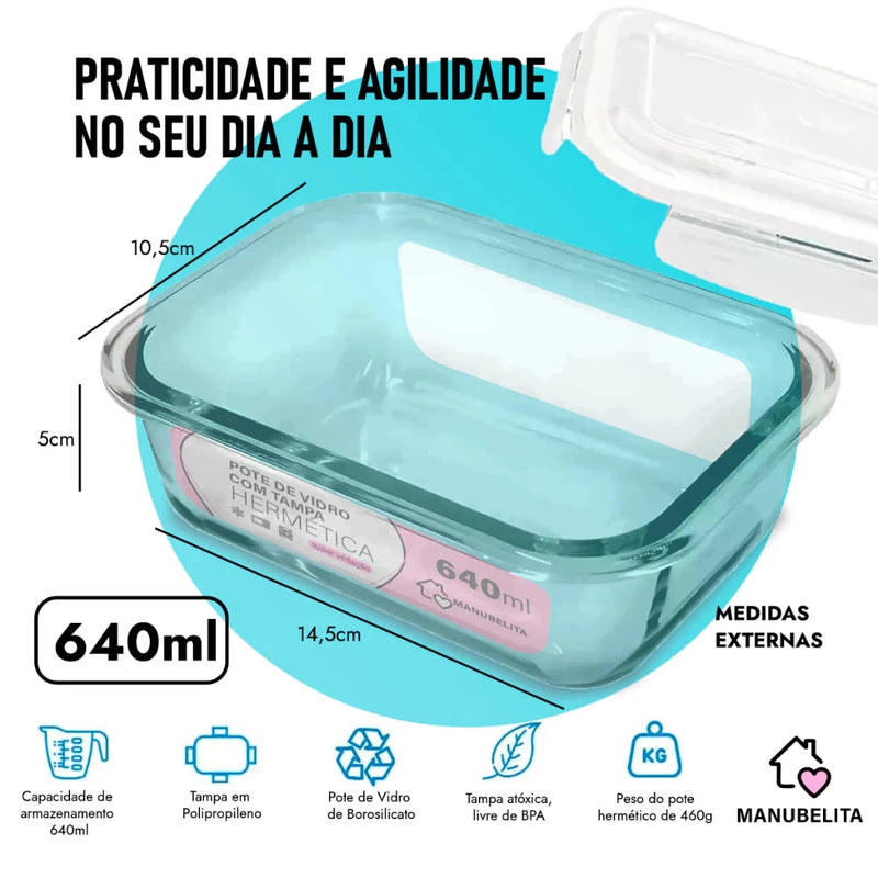 Kit 10 Potes de Vidro 640ml Hermético Marmita Fit com Tampa 4 Travas Minha loja 